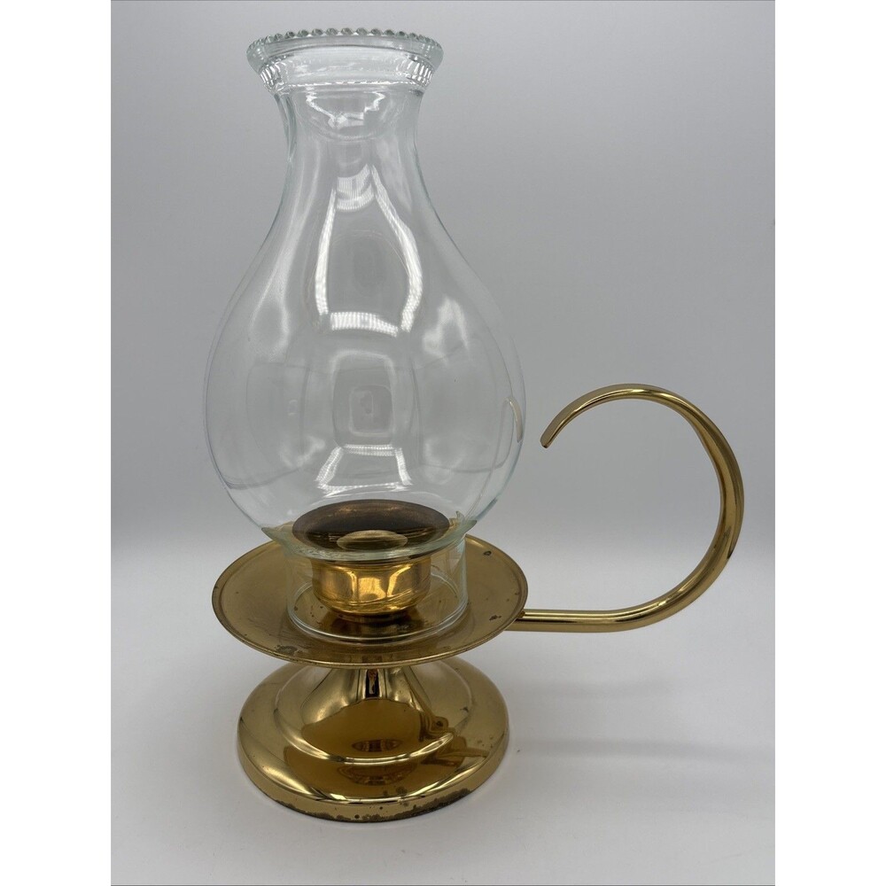 Vtg large brass candle holder w/hurricane globe Colonial